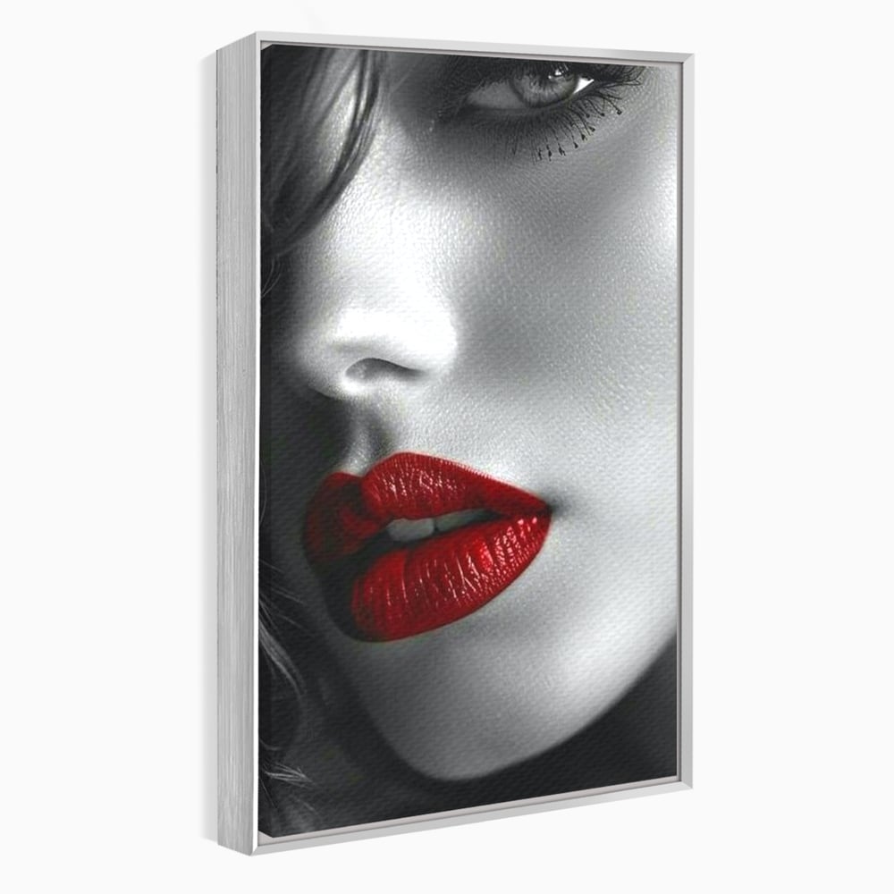 Tablou canvas cu portret feminin alb-negru cu buze rosii, in rama de aluminiu argintiu